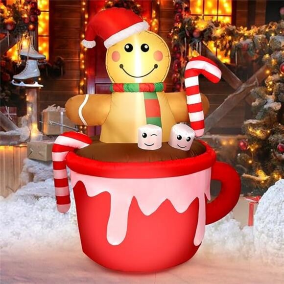 5FT Christmas Inflatable Outdoor Decoration, Gingerbread Man in Coffee Mug Blow - Picture 8 of 8